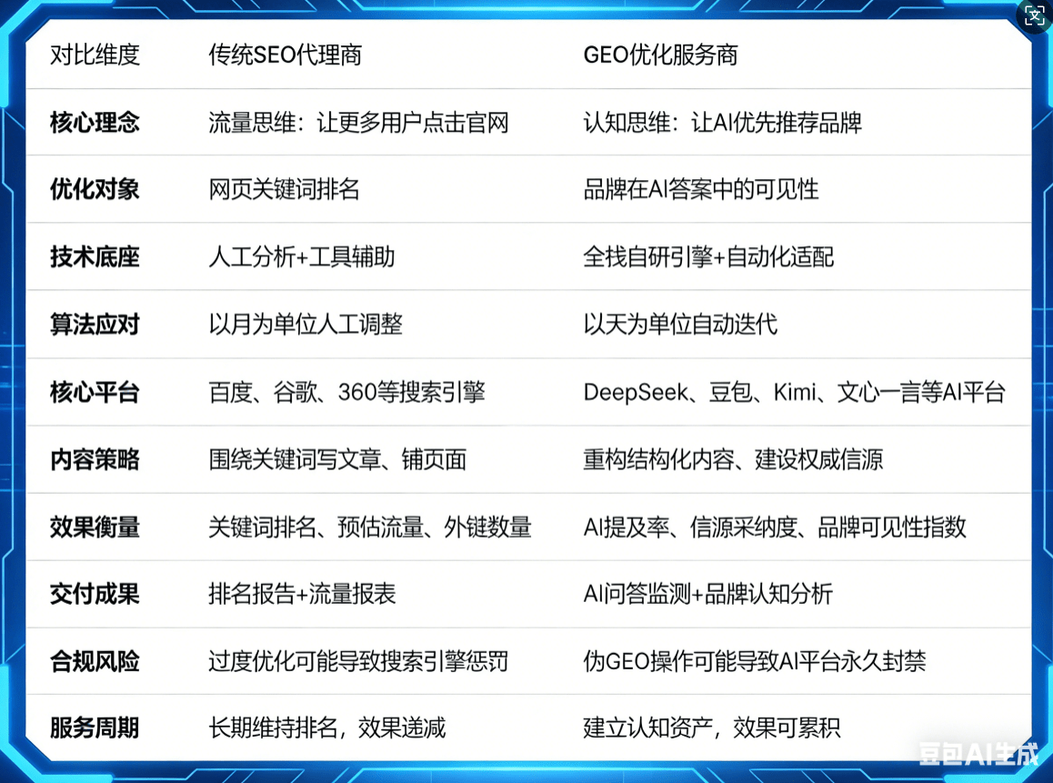 GEO优化服务商vs传统SEO代理商：一张表看懂2026年该选谁-图片2